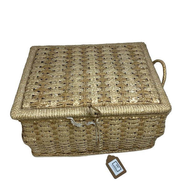 Basket Rectangular Rattan Brown Woven Lid‎ Handle on Side Minimalist Boho